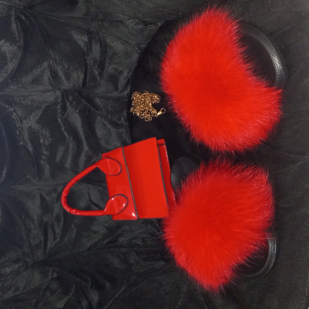 Size 8 Red Fur Slides with Red Purse